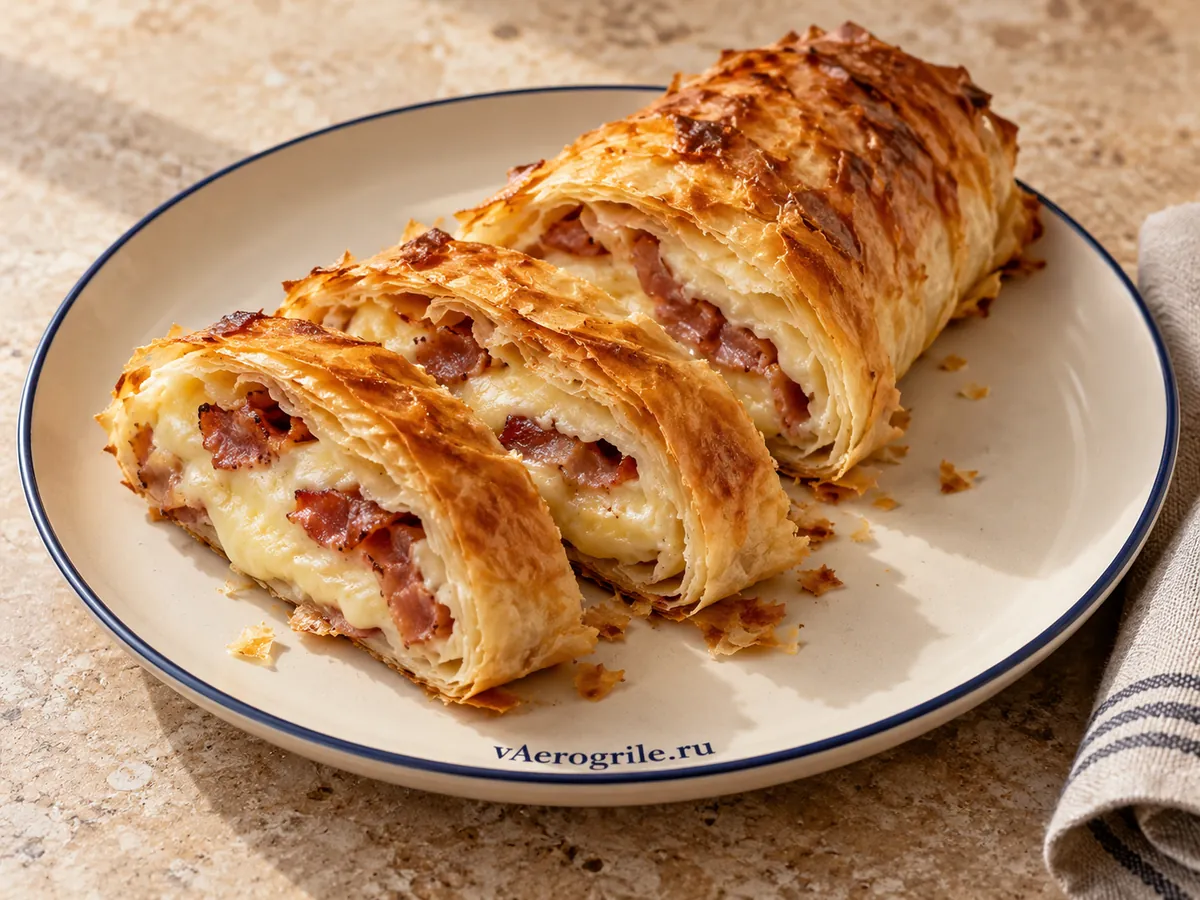 Хрустящий рулет из фило с сыром и беконом