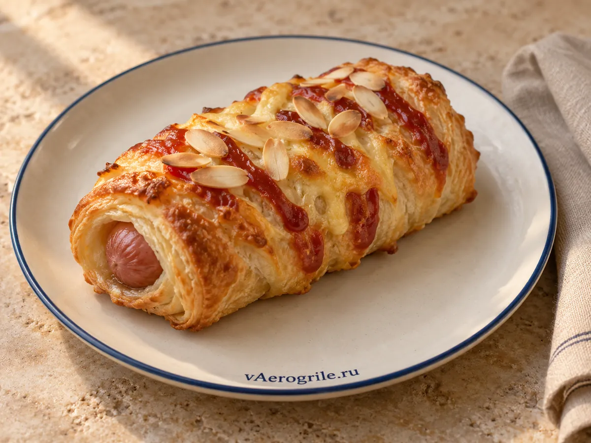 Булочка с сосиской, сыром и кетчупом