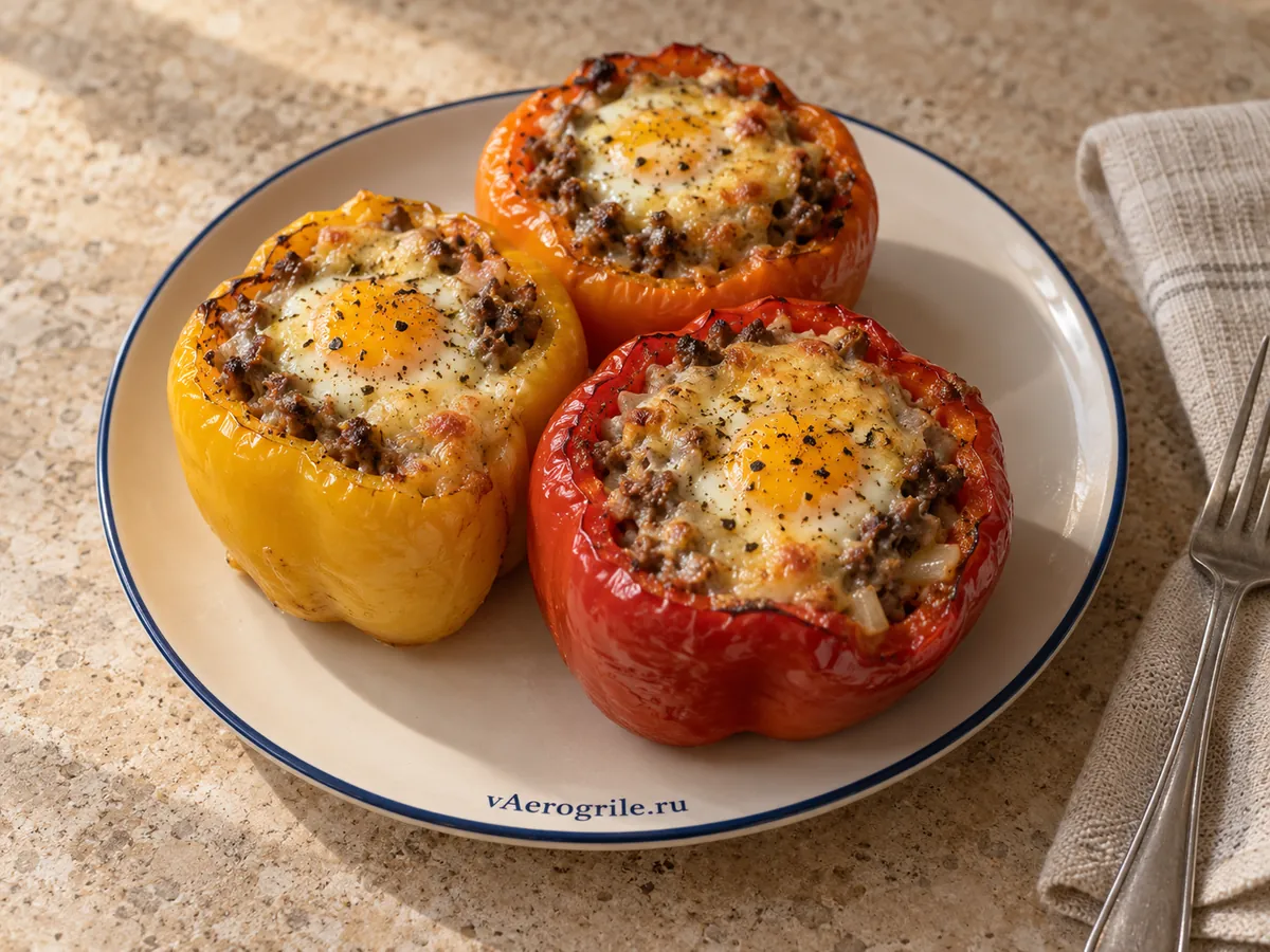 Яйцо в перце с мясным фаршем и сыром