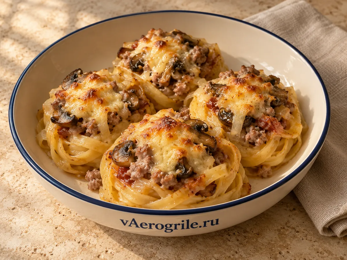 Гнезда с сыром, грибами и фаршем