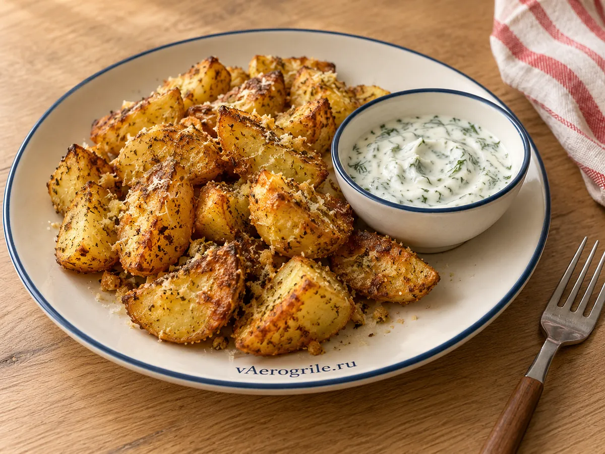 Картошка с чесноком и травами, пармезаном и йогуртовым соусом