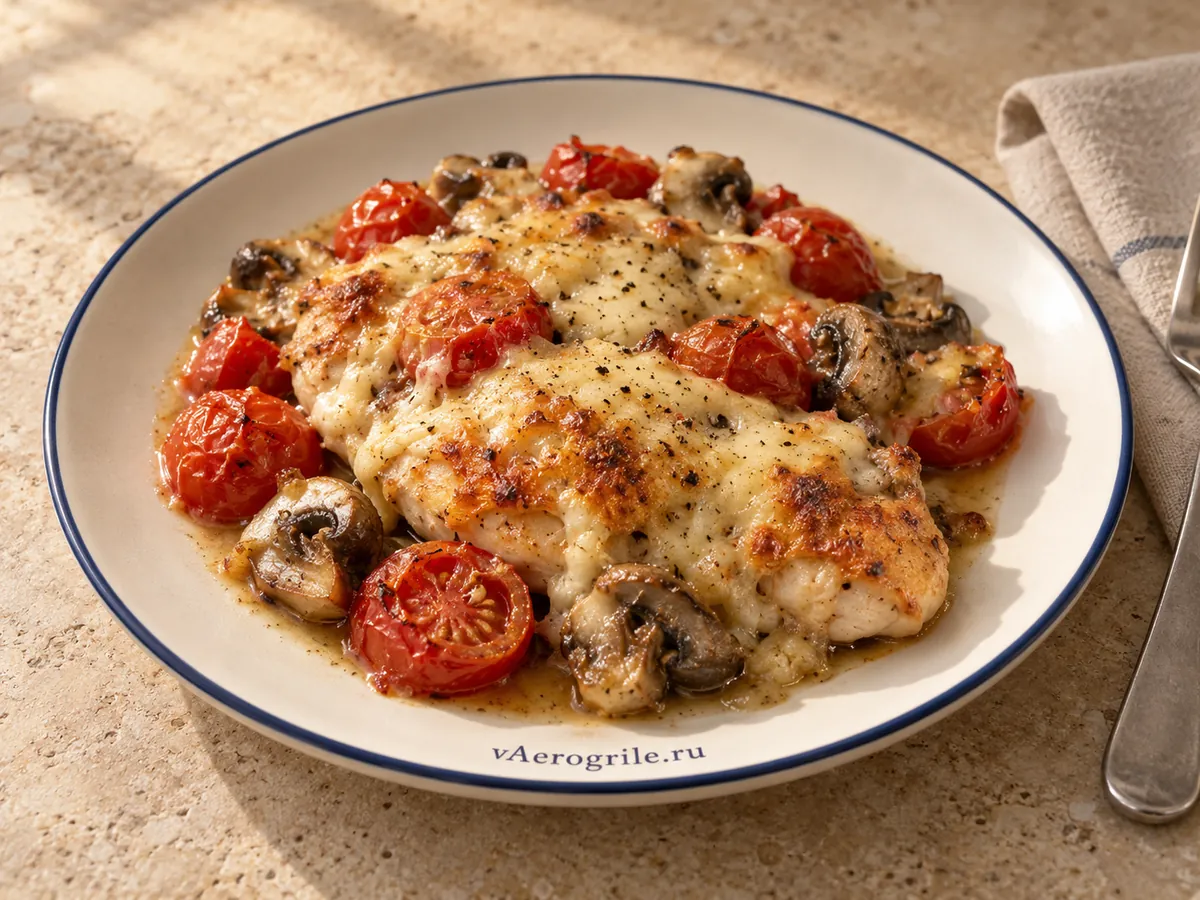Филе под сыром с черри и шампиньонами