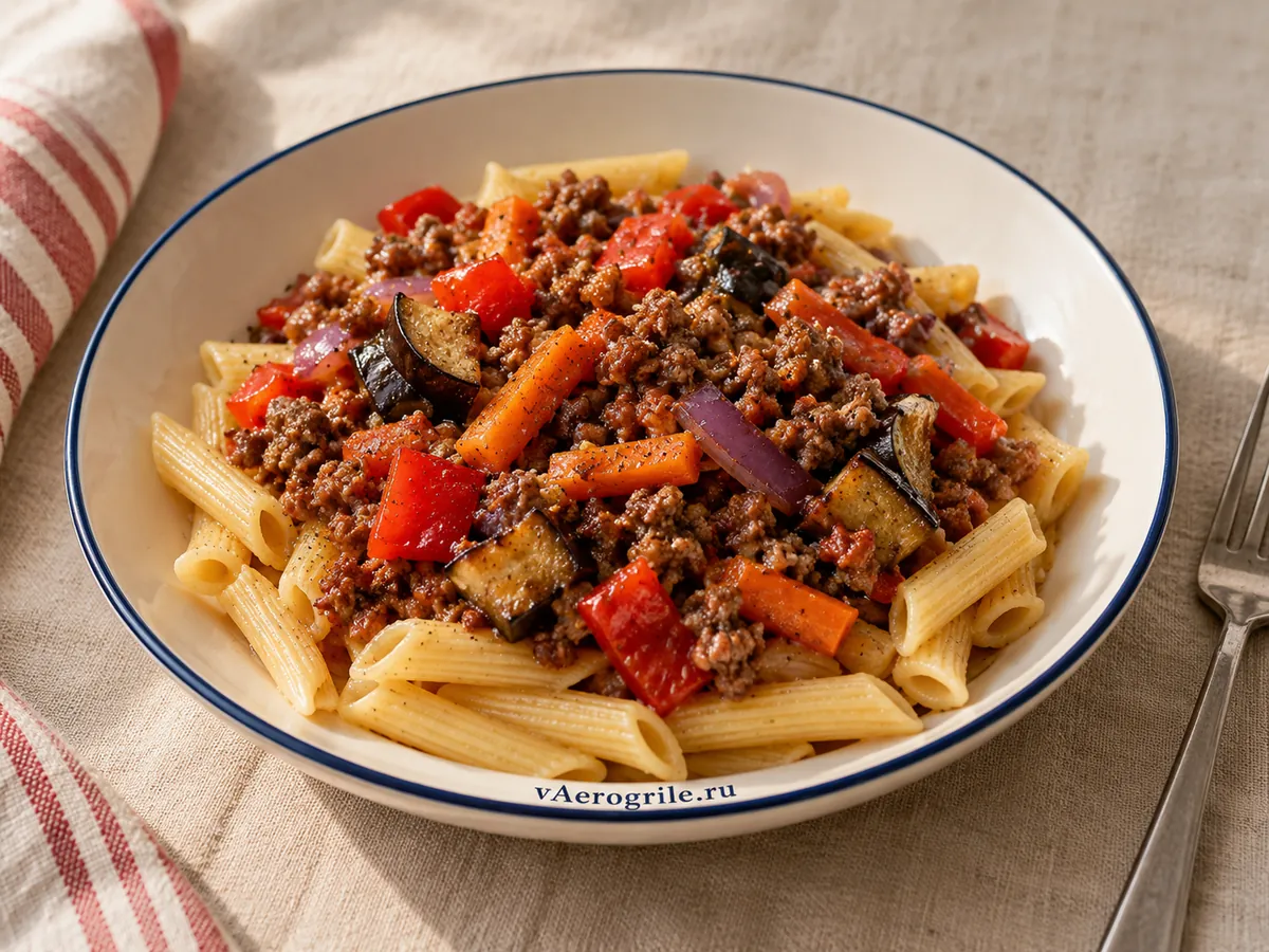 Паста с фаршем и овощами