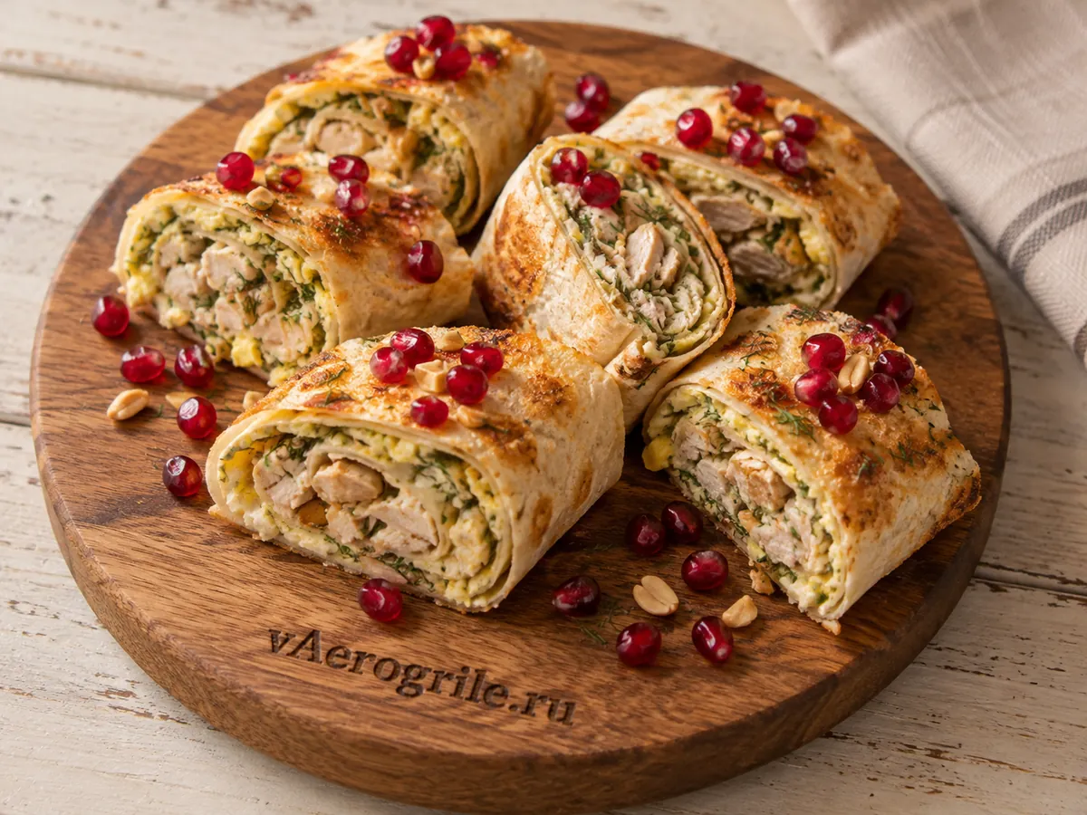Рулетики из куриной грудки в тортилье с арахисом и гранатом