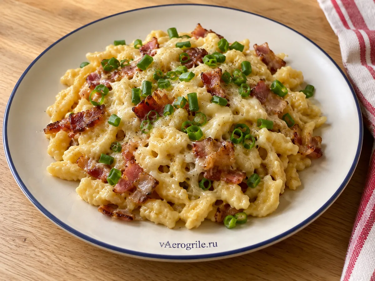 Шпецле с сыром и беконом