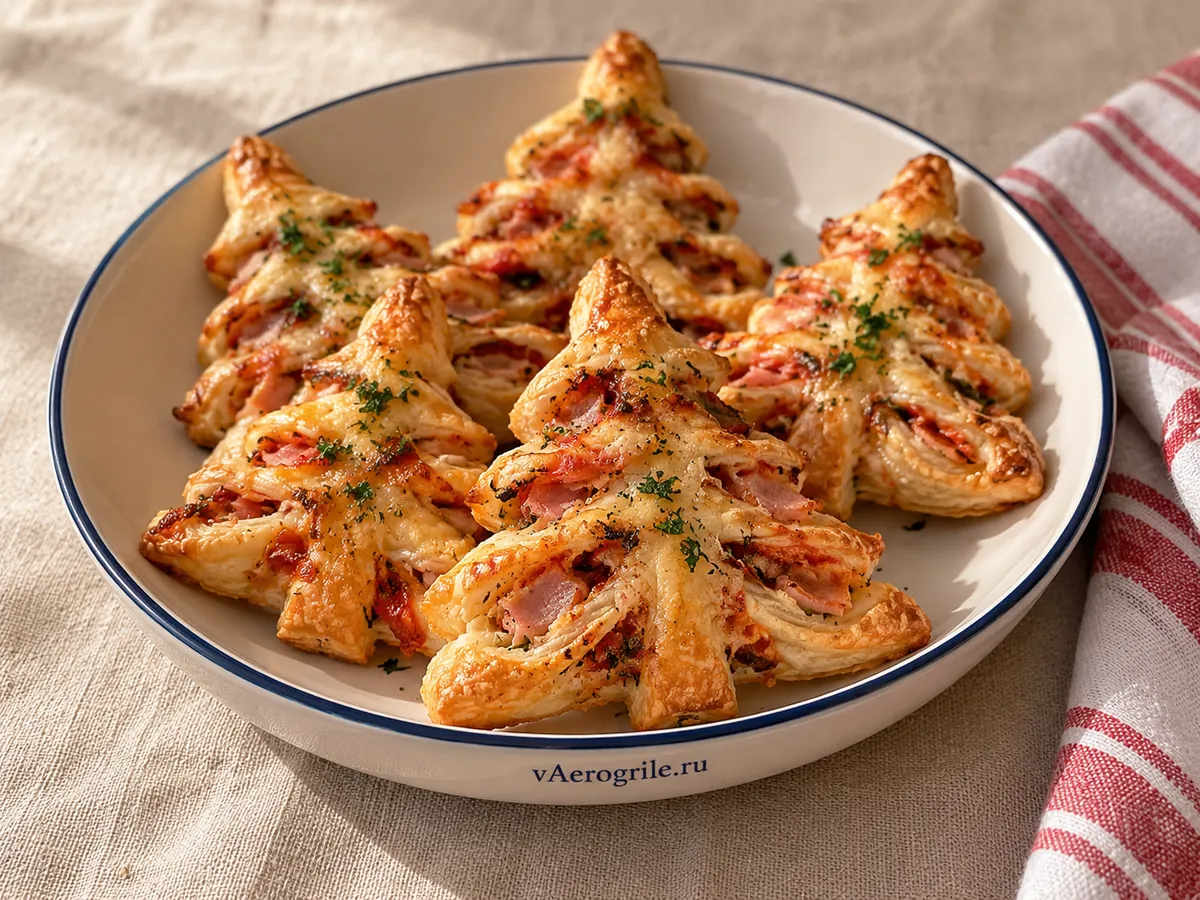 Слоеные елочки с ветчиной и сыром