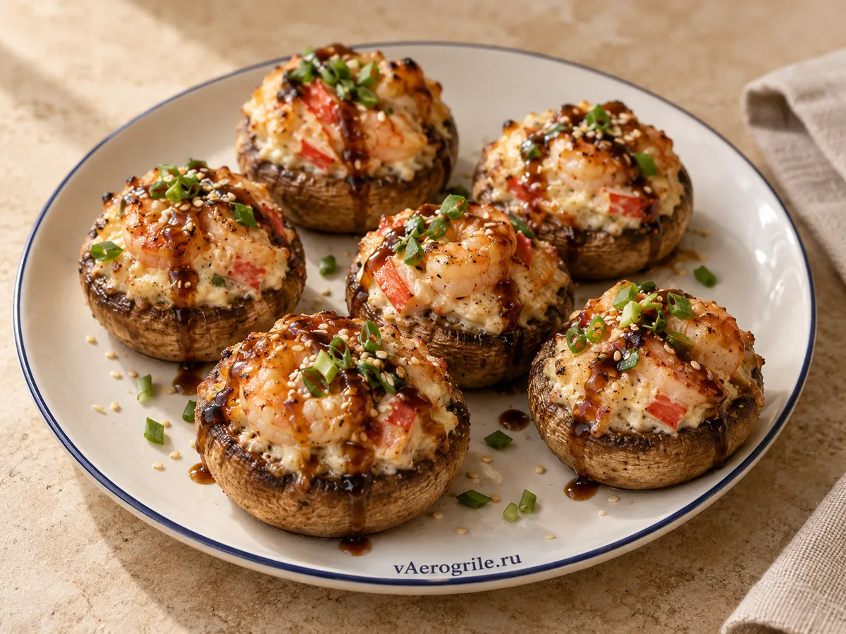 Шампиньоны с крабовыми палочками и креветками