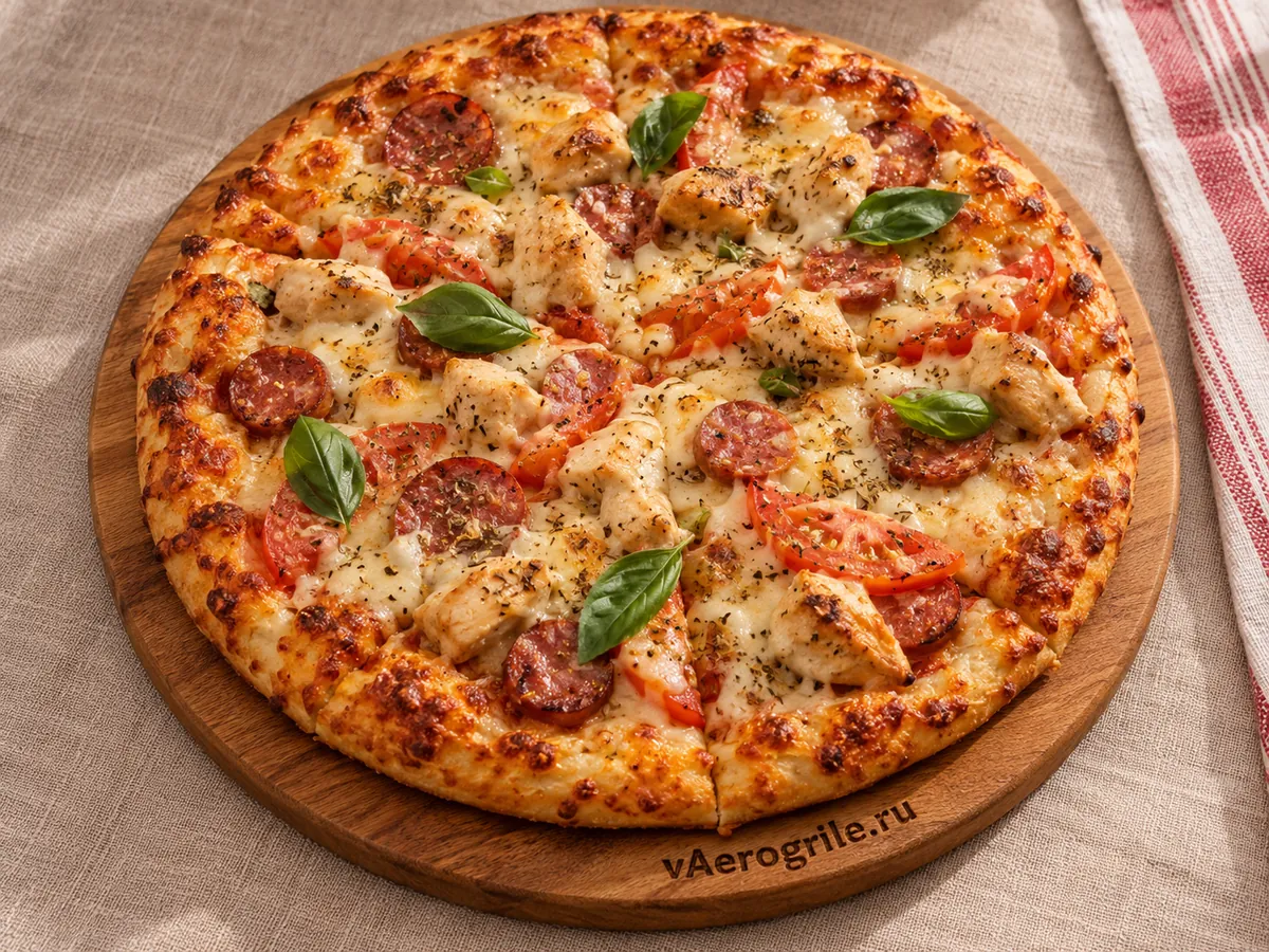 Сытная пицца с курицей и колбасой