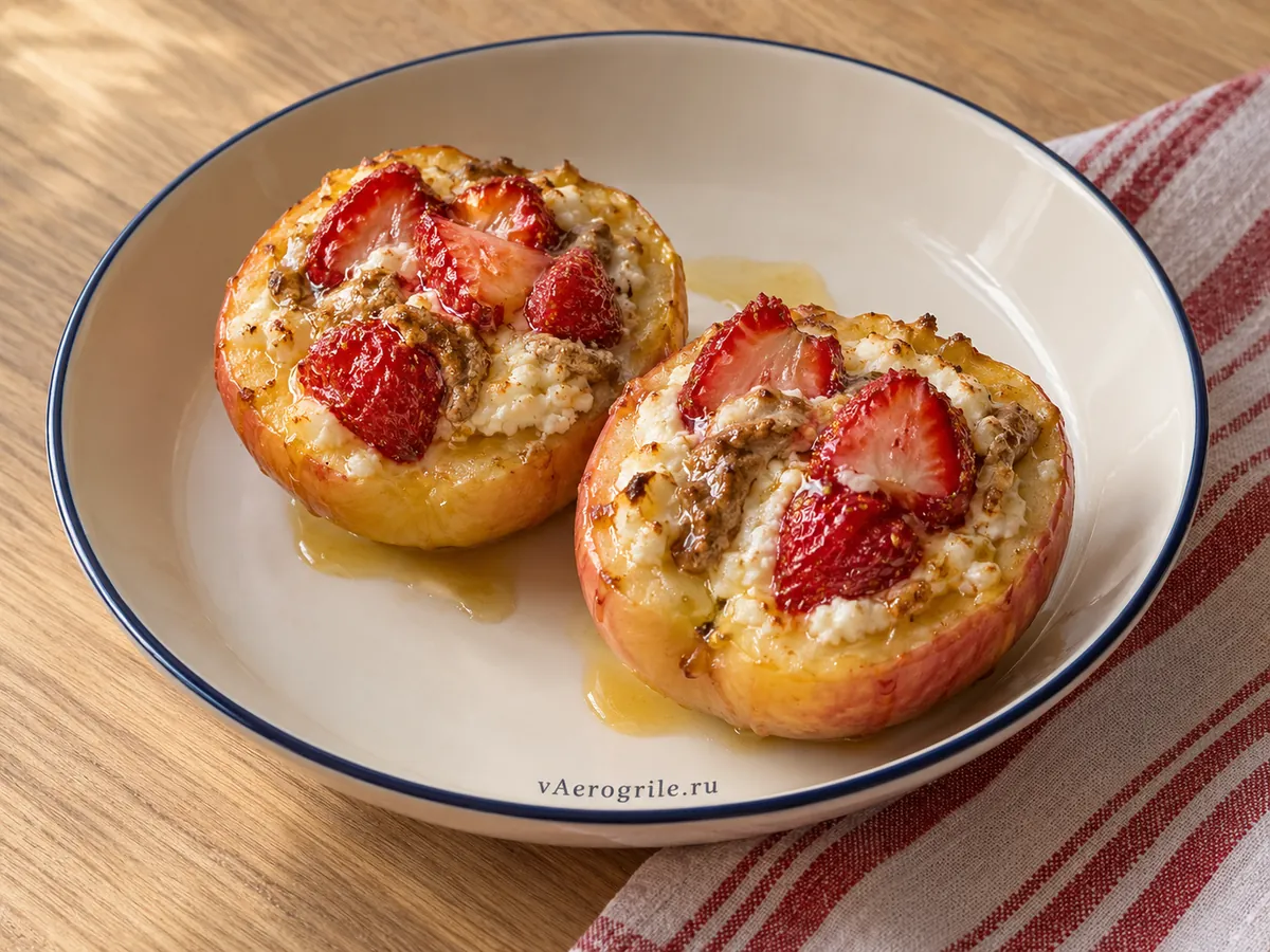 Яблочный десерт с творогом и клубникой