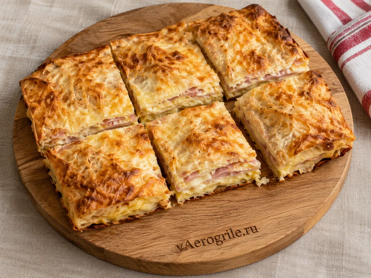 Лаваш с ветчиной и сыром: слоёная закуска с яичной заливкой