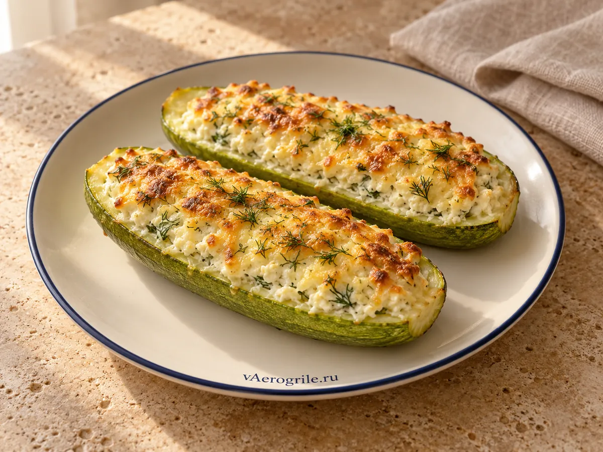 Запечённый кабачок с творогом, сыром и зеленью
