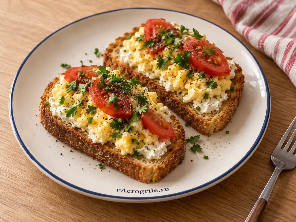 Тосты с творожным сыром, яйцом и помидором