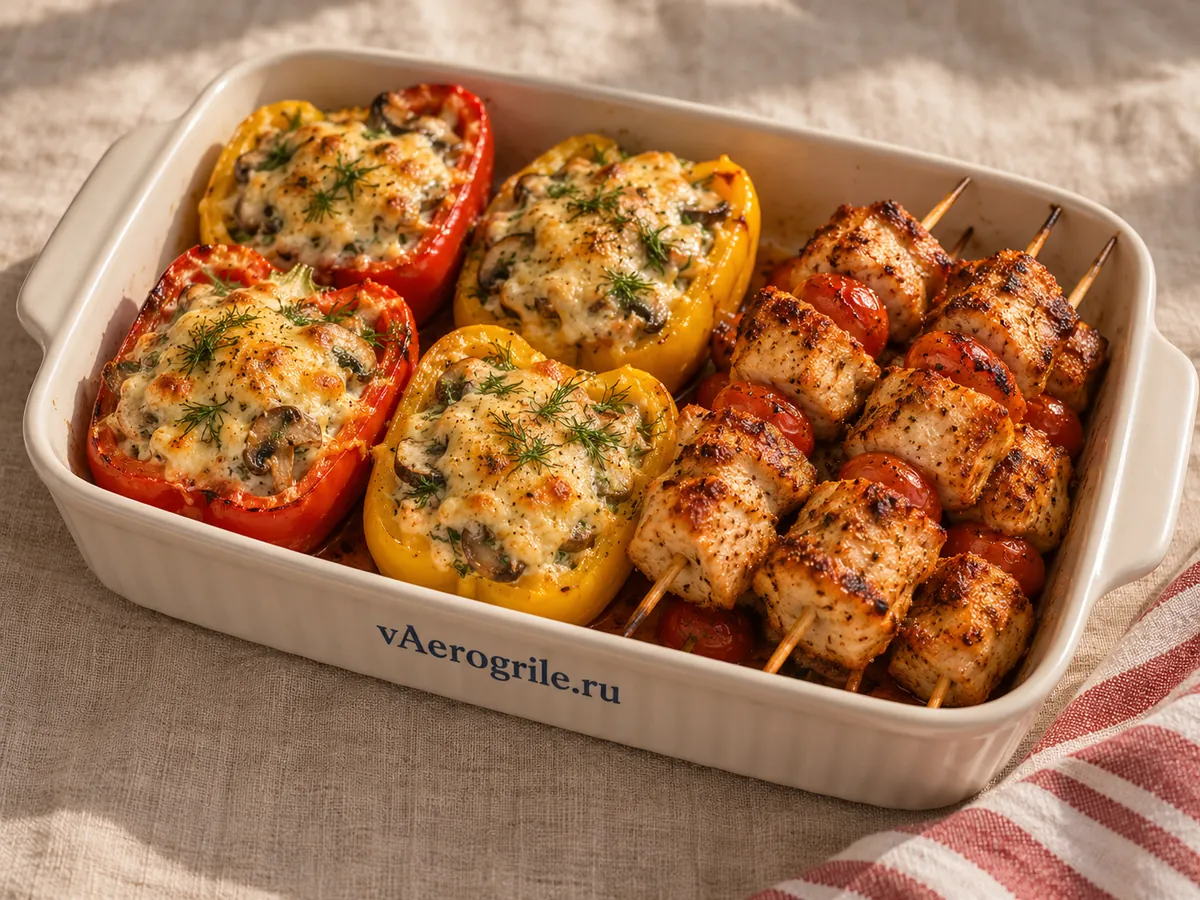 Жульен в перцах и куриные шашлычки